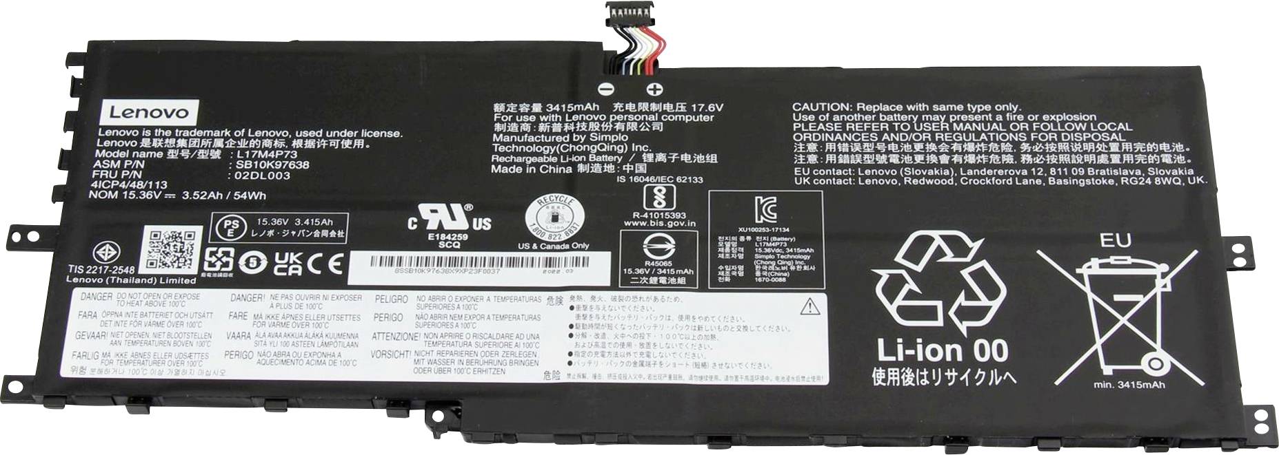 Obdélníkový lithium-iontový akumulátor pro notebook Lenovo, zobrazující různé bezpečnostní ikony, textové štítky v několika jazycích, symboly recyklace a připojovací vodiče.