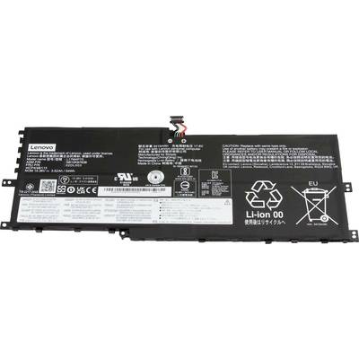 Obdélníkový lithium-iontový akumulátor pro notebook Lenovo, zobrazující různé bezpečnostní ikony, textové štítky v několika jazycích, symboly recyklace a připojovací vodiče.