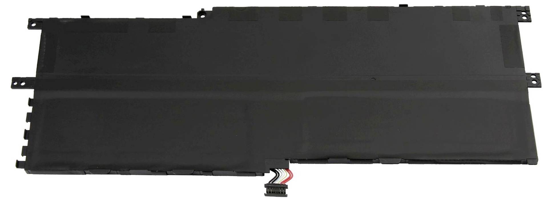 Obdélníkový černý laptop baterie s konektorem a několika vodiči ve spodním středu. Vypadá to, že se jedná o náhradní díl.