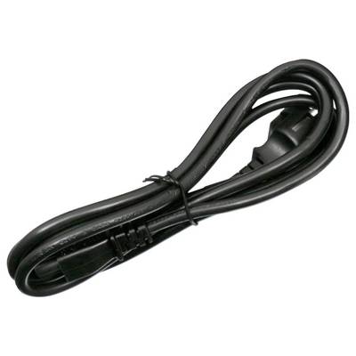 Černý napájecí kabel s dvoupólovou zástrčkou, pečlivě smotaný a stažený vázací páskou, umístěný na jednoduchém pozadí.