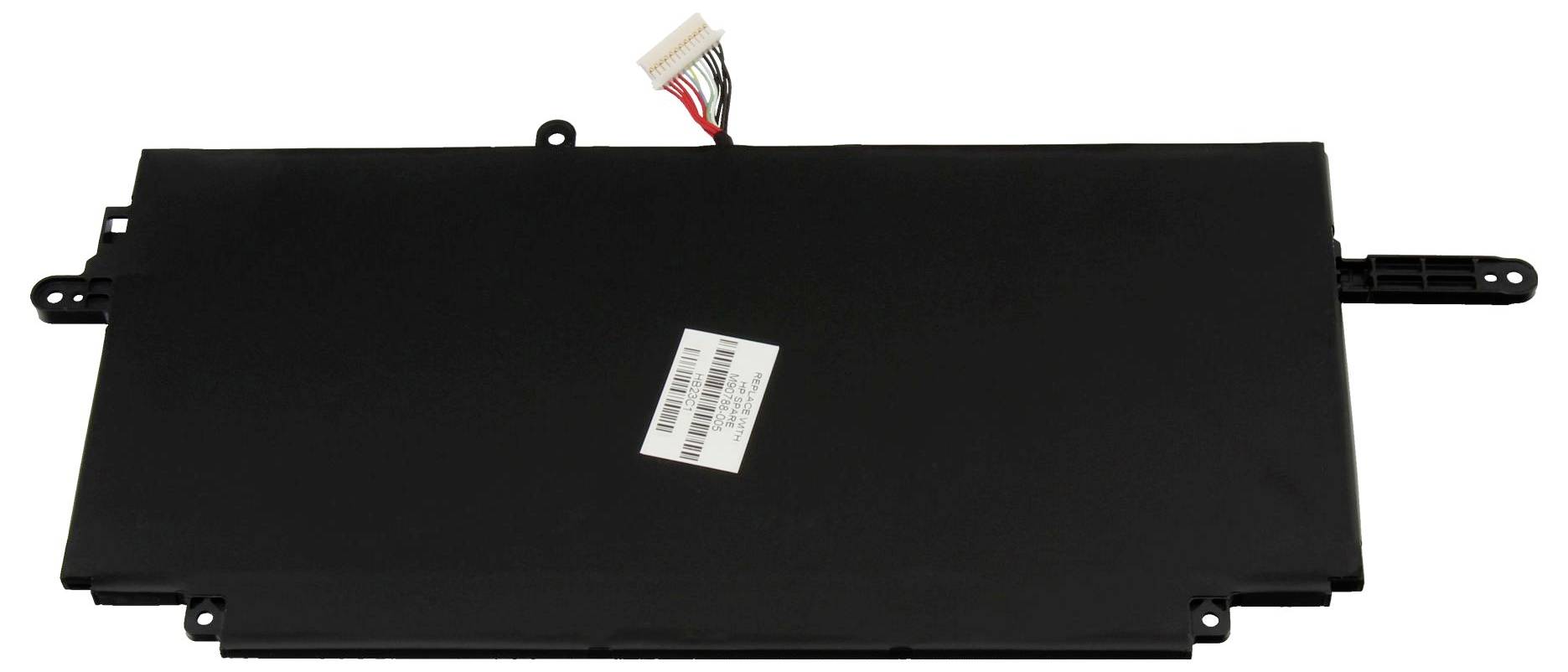 Obdélníková, černá baterie do notebooku s připojeným drátovým konektorem nahoře; má malou nálepku zobrazující technické údaje produktu.