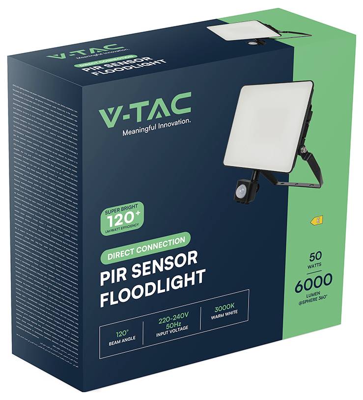 Balení V-TAC PIR senzorového reflektoru, 50 W, 6000 lumenů, 3000K teplá bílá, úhel paprsku 120°, pohybový senzor.