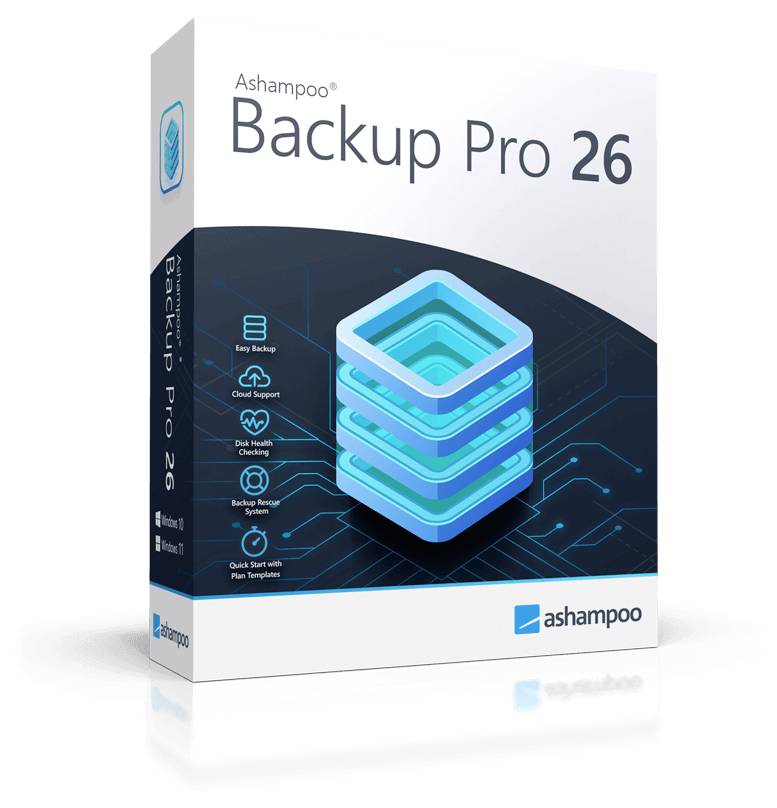 Krabice softwaru Ashampoo Backup Pro 26, obsahující stylizovanou modrou digitální ikonu stacku a klíčové vlastnosti: Snadné zálohování, Podpora cloudu, Přístup z více zařízení.