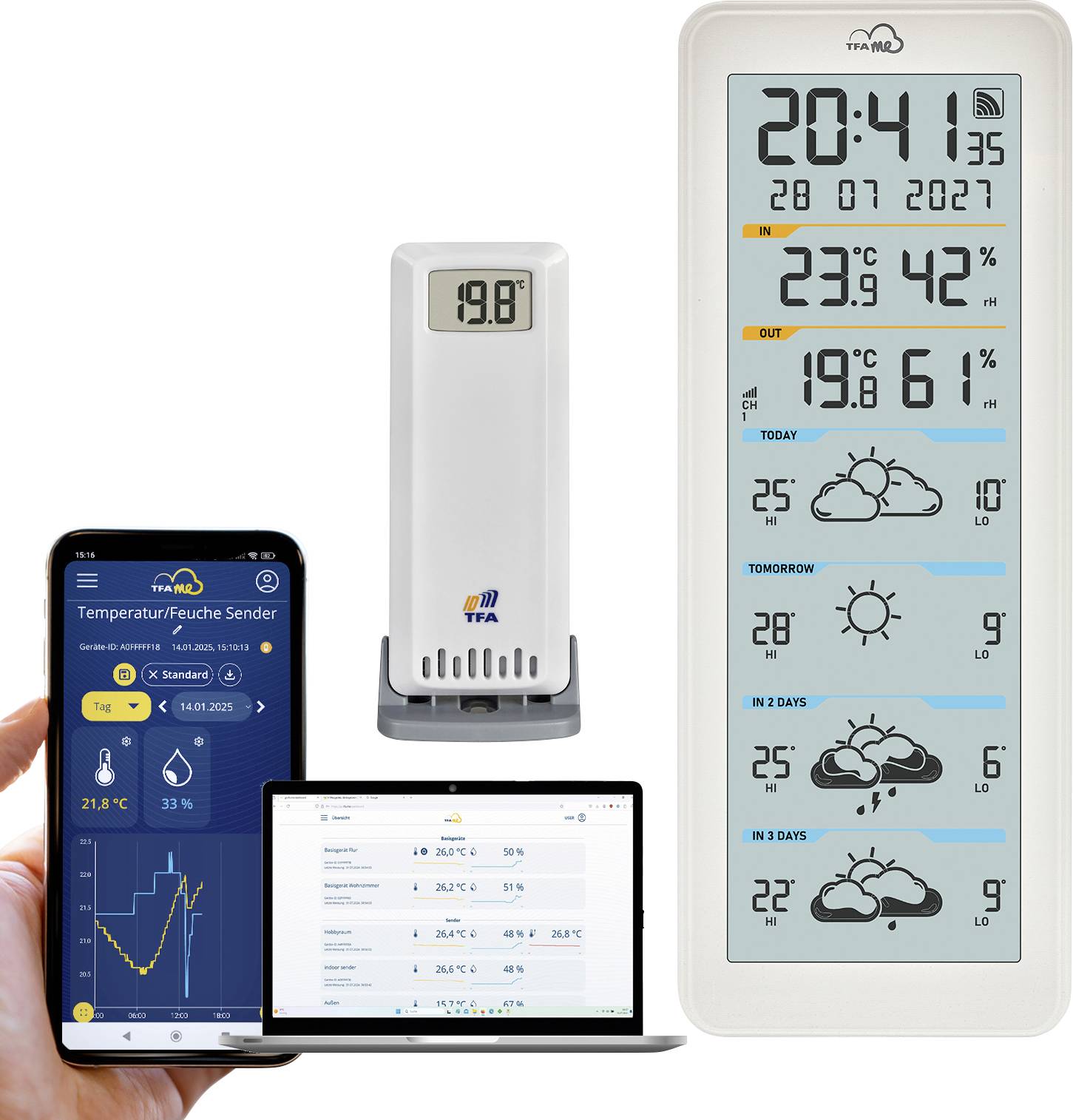 Digitální meteorologická stanice zobrazující aktuální čas, teplotu, vlhkost a předpověď s doprovodnými rozhraními aplikace na telefonu a notebooku.