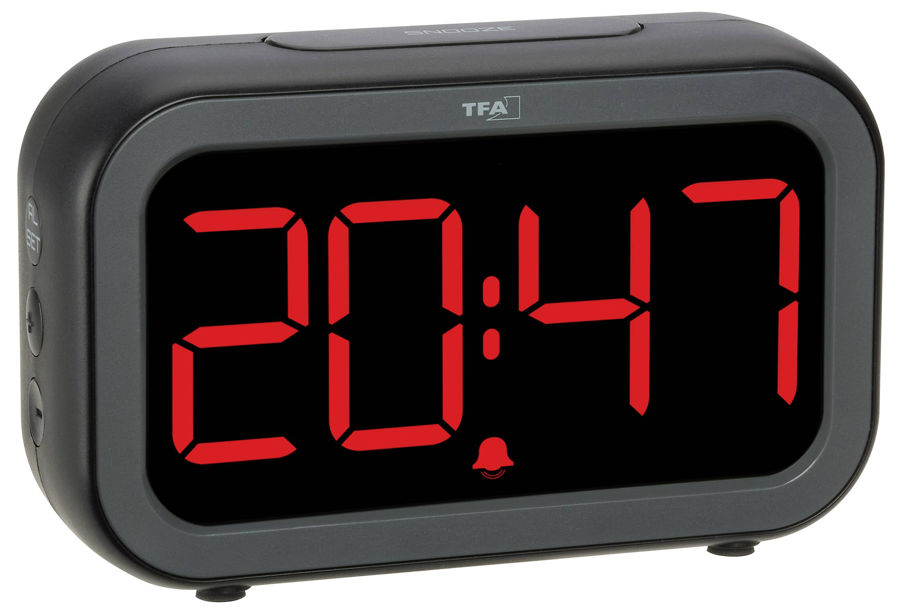 Digitální budík zobrazující čas '20:47' s malou ikonkou zvonečku, která signalizuje, že je budík nastaven.