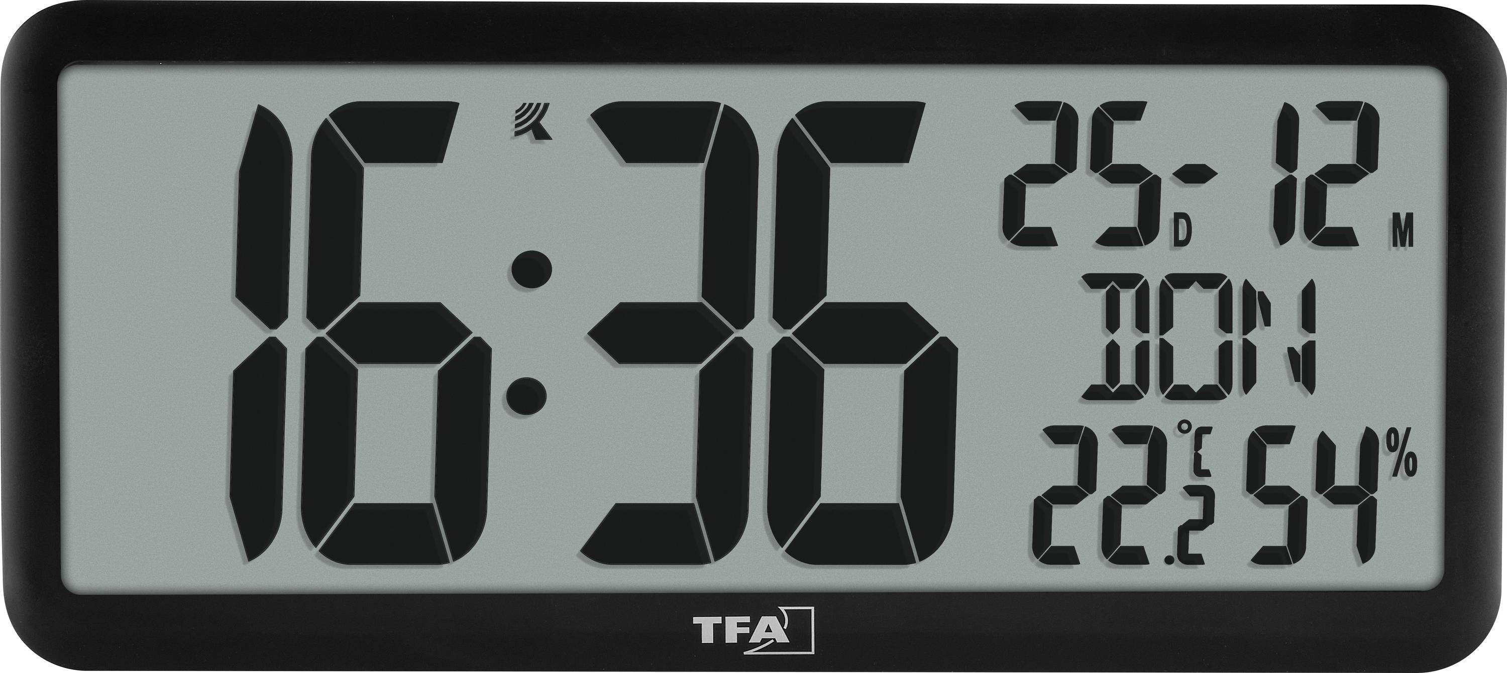 Digitální displej hodin zobrazuje '16:36', datum '25-12' a teplotu '22.2°C', vlhkost '54%'.