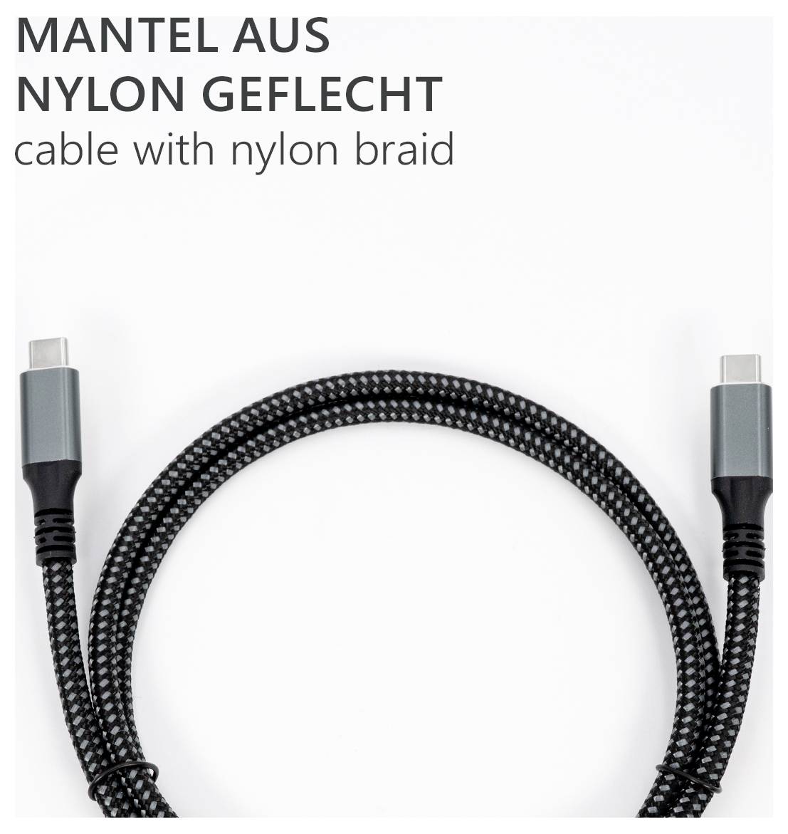 USB kabel s nylonovým opletením, černošedý, zobrazující konce a strukturu výpletu. Text: 'Plášť z nylonového výpletu'.