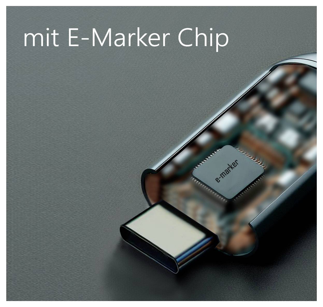 USB-C konektor s integrovaným E-marker čipem, který leží na hladkém tmavém povrchu.