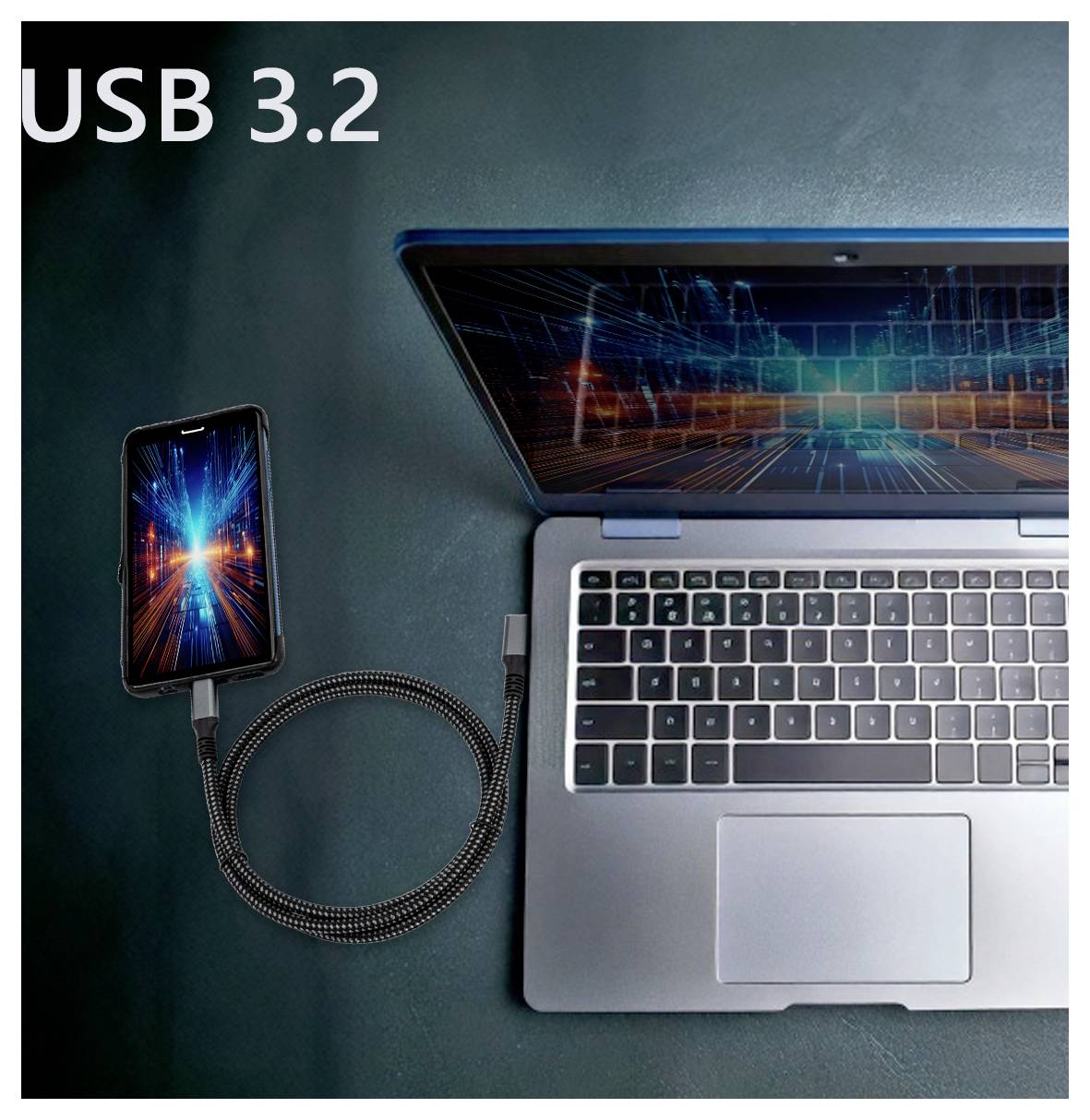 Chytrý telefon je připojen k laptopů pomocí kabelu USB 3.2. Na obrazovce laptopu je zobrazeno digitální rozhraní.