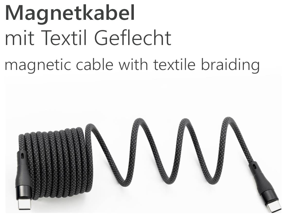Magnetický kabel s textilním opletením: Černý nabíjecí kabel s textilním obalem, v jedné formě svinuté a v druhé zubaté.