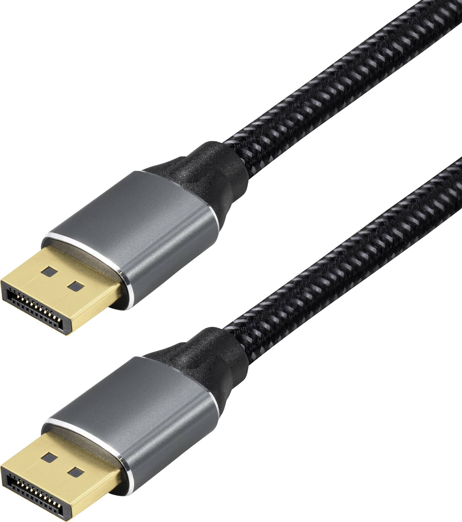 Černý pletený DisplayPort kabel se zlatými konektory na obou koncích, vykazující silnou konstrukční kvalitu a odolnost pro digitální videokonekce.