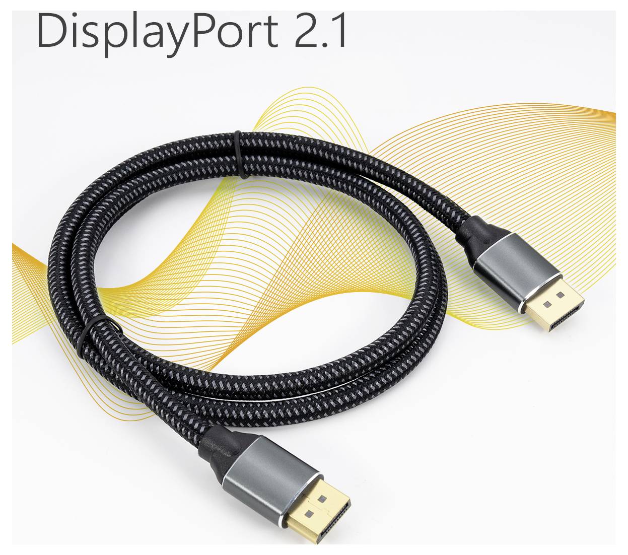 Kabel 'DisplayPort 2.1' se zlatými konektory na bílém pozadí s oranžovým vlnovým designem.
