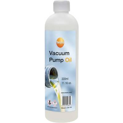 Láhev oleje 'testo Vacuum Pump Oil', 330 ml, 11,16 oz. Etiketa zobrazuje olej nalévající se z plechovky.