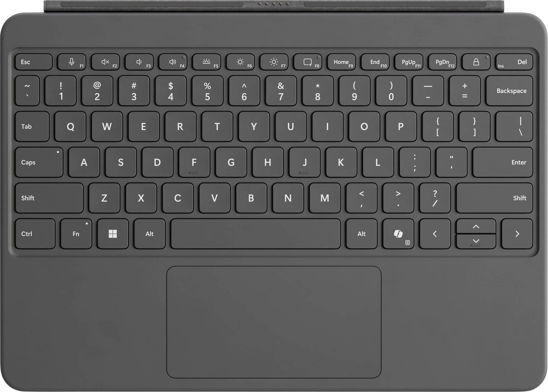 Pohled shora na černou klávesnici laptopa se touchpadem, obsahující standardní rozložení včetně funkčních kláves, číselných kláves a kurzorových kláves.