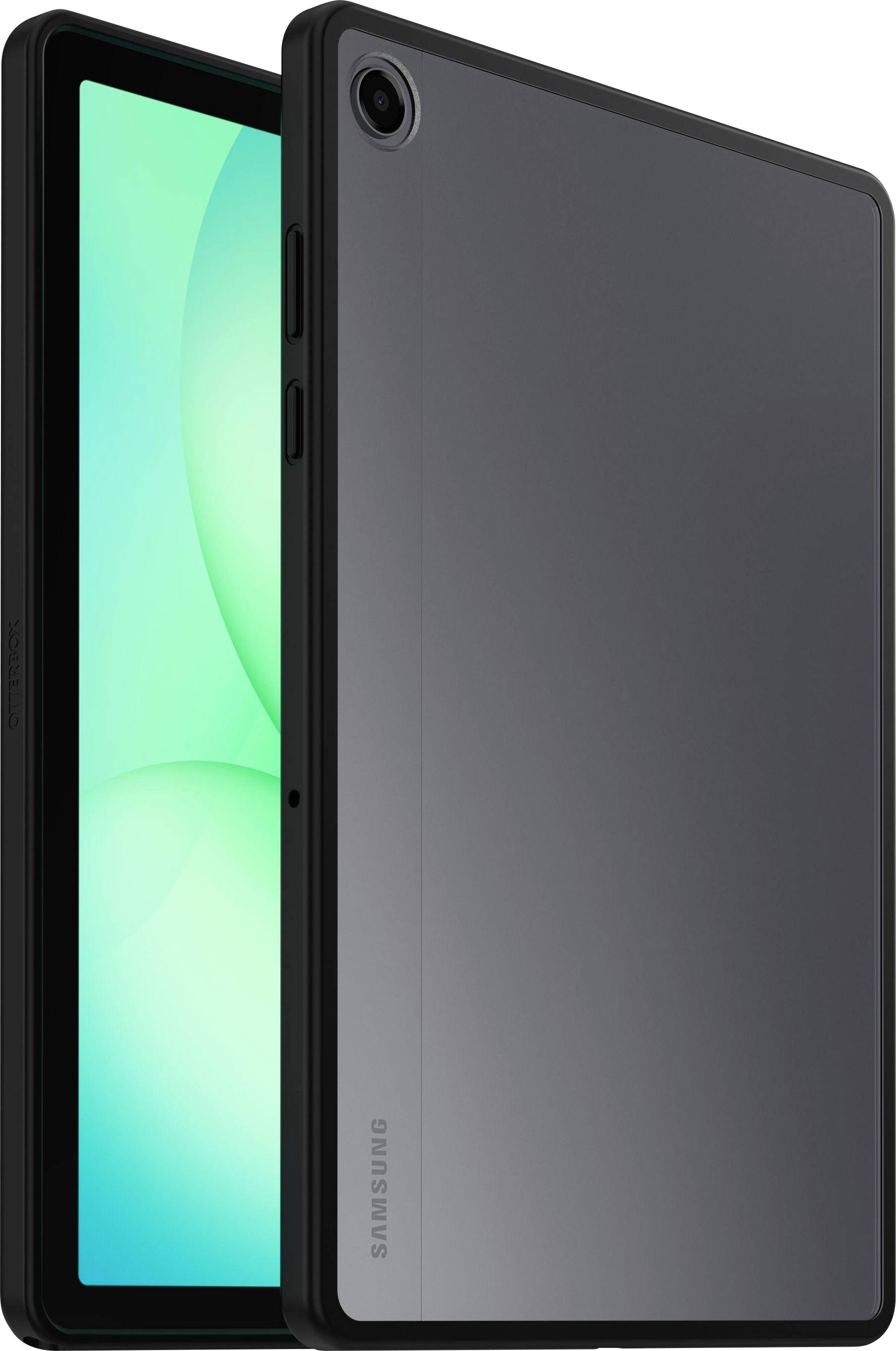 Tablet s elegantním černým designem, tenkými okraji a osvětleným displejem zobrazujícím zelené abstraktní tvary.