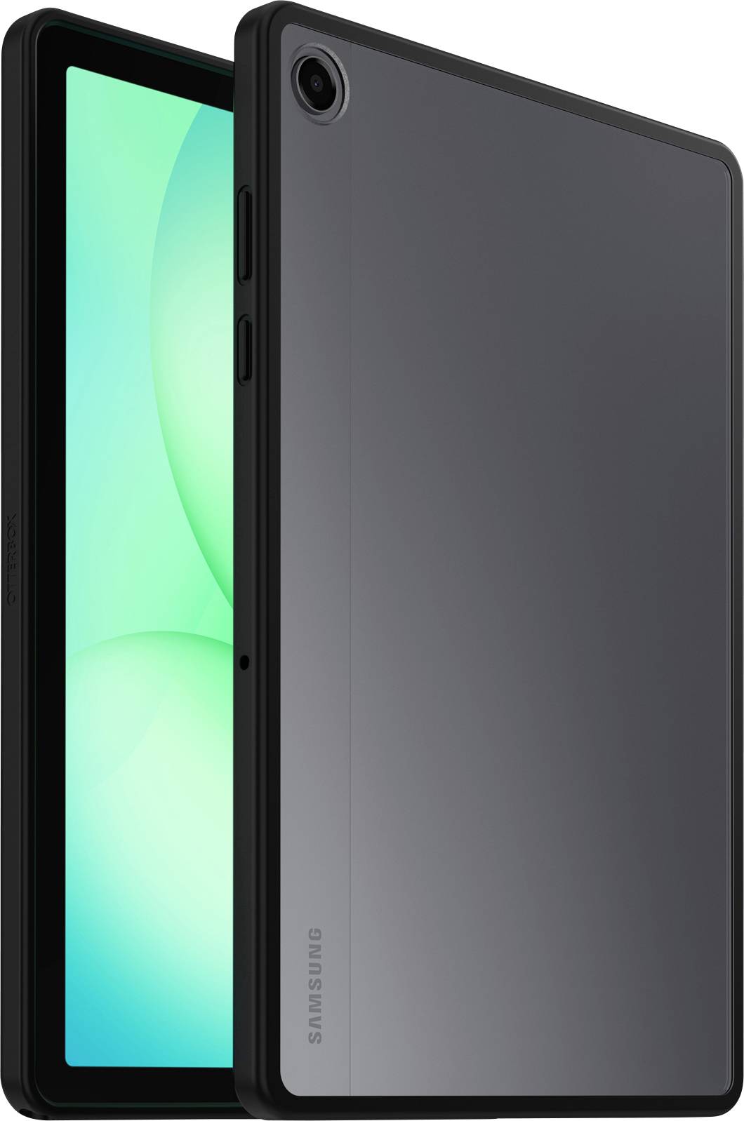 Elegantní černý Samsung tablet s velkkou obrazovkou, který zobrazuje zelené abstraktní pozadí, je nakloněn tak, aby odhalil štíhlý profil a fotoaparát.