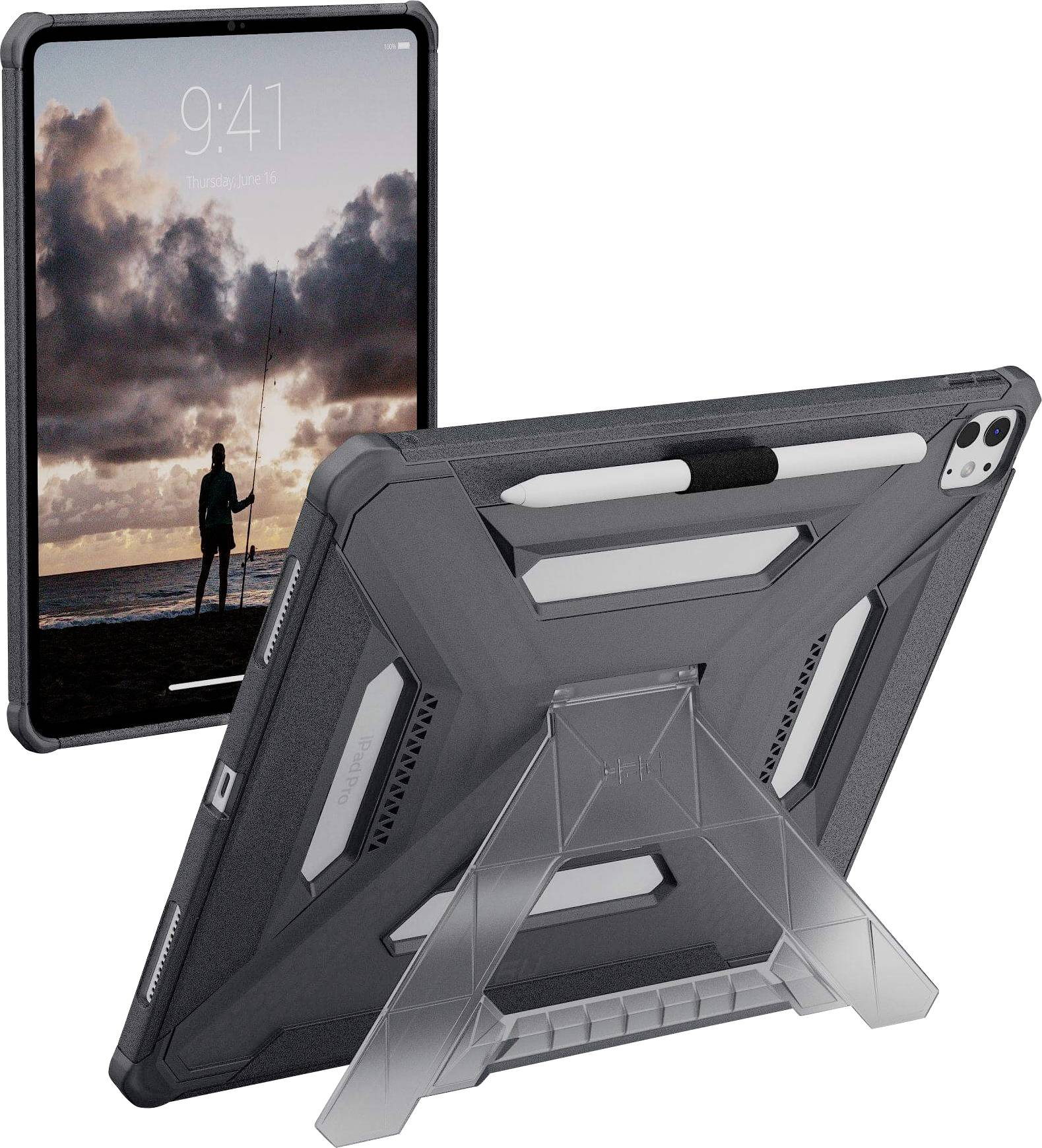 Tablet v robustním pouzdře s integrovaným stojánkem a držákem na stylus, zobrazující osobu rybařící při západu slunce na obrazovce.