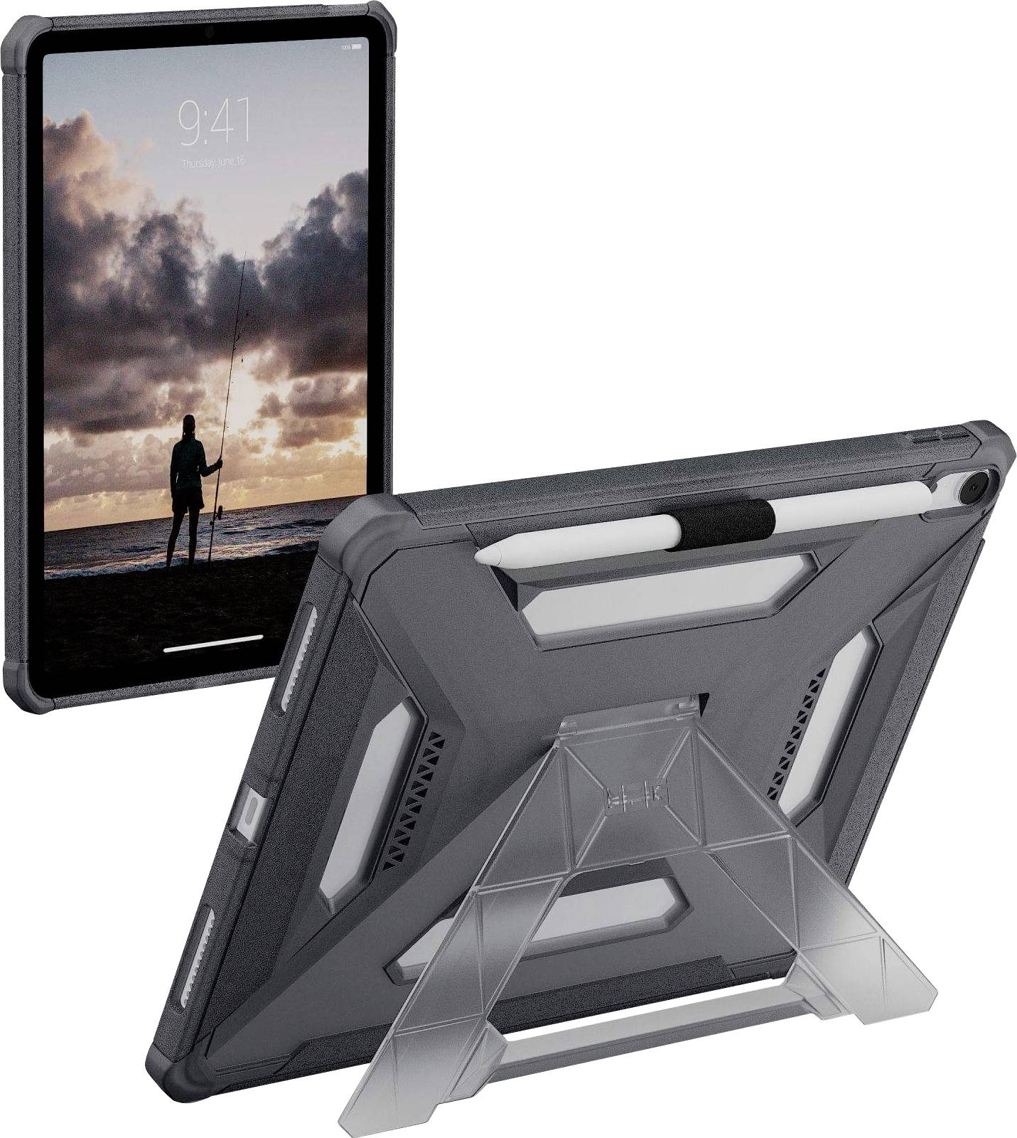 Pohled zepředu a zezadu na tablet v ochranném pouzdře se stojánkem, který ukazuje jeho odolnost a funkčnost.