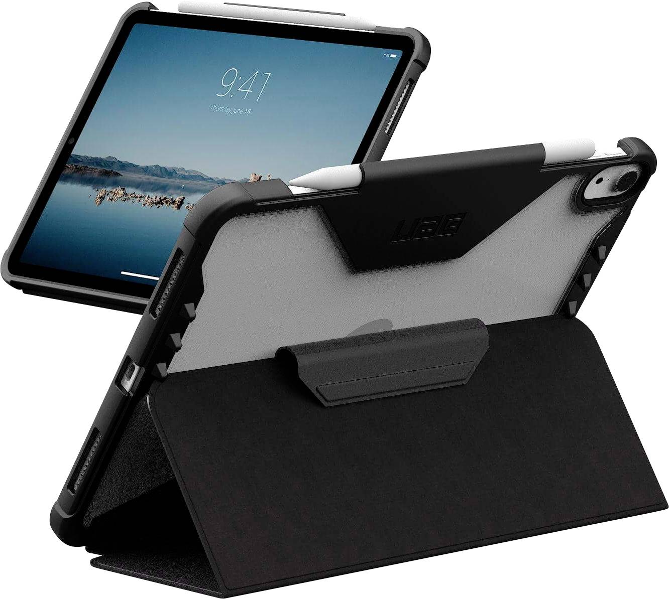 Tablet v odolném černém pouzdře, umístěný nastojato i vodorovně. Na displeji je zobrazen klidný jezerní výjev s časem 9:41.