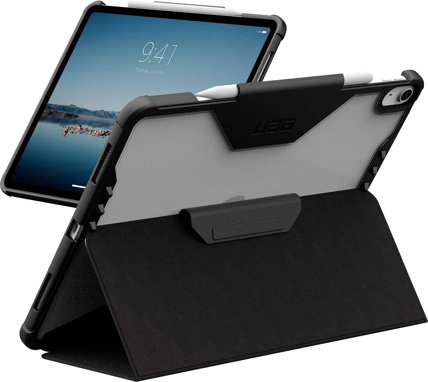 Je zobrazen robustní obal na tablet, otevřený ve stojanové pozici. Na displeji tabletu je zobrazen obraz jezera a hor s časem '9:41'.