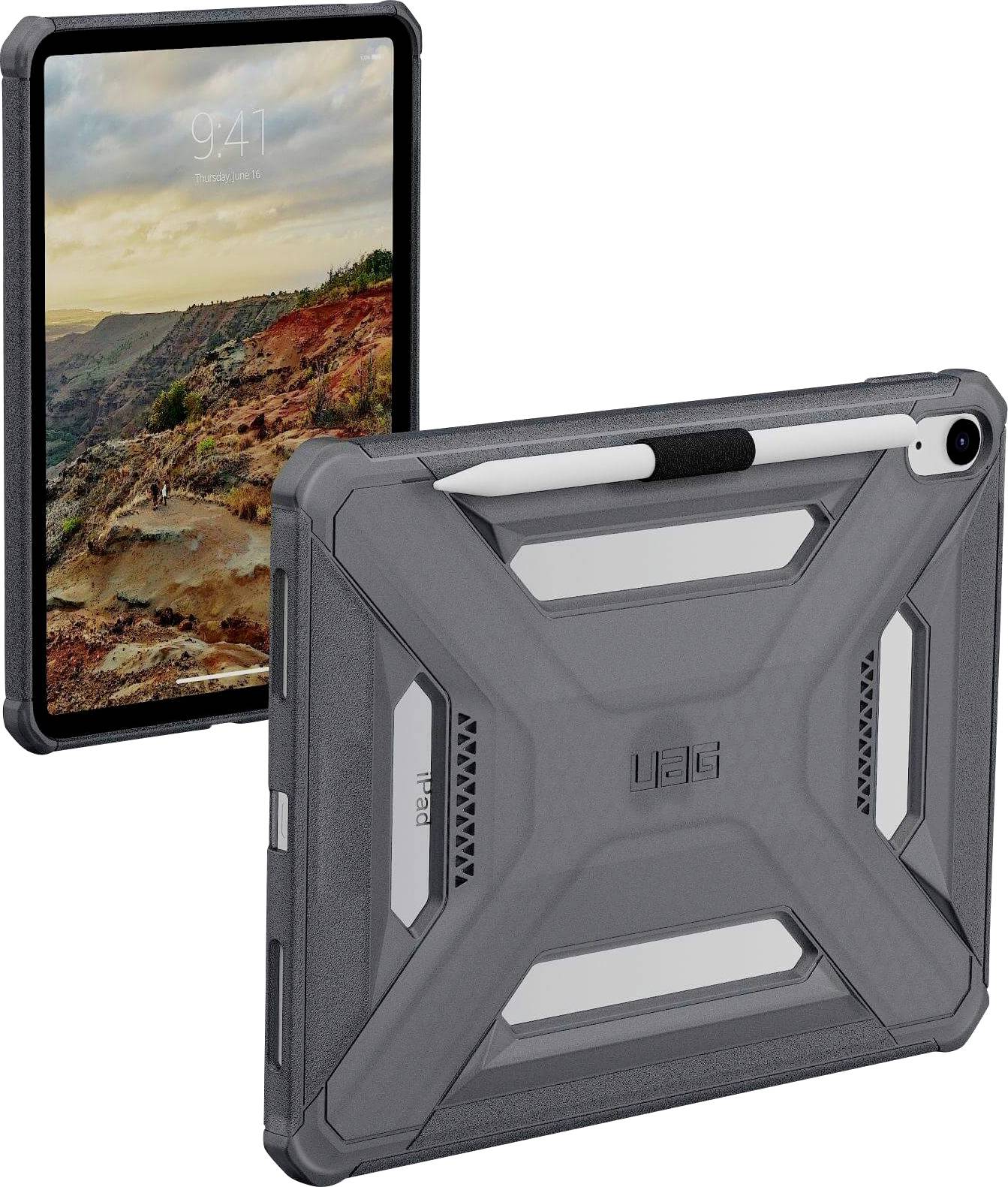 Odolný kryt tabletu se zabudovaným držákem na stylus; obrazovka tabletu zobrazuje krajinný obraz.