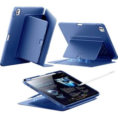 Modrý obal na tablet s nastavitelným stojanem zobrazený z několika úhlů; tablet zobrazuje digitální umění se stylusem.