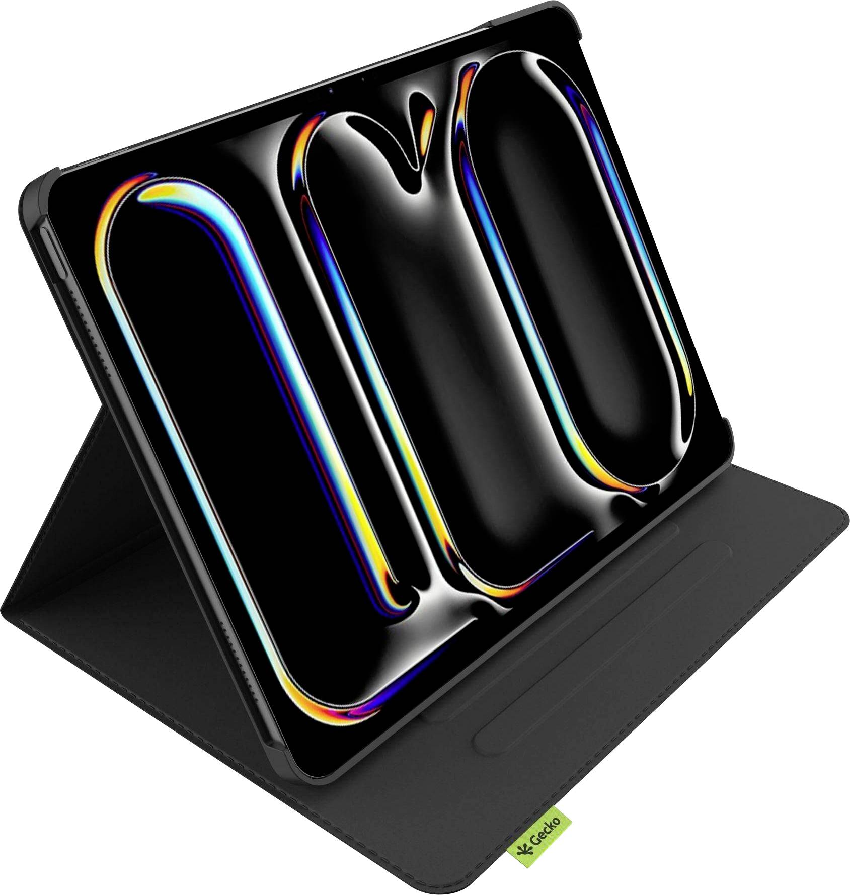 Tablet v černém pouzdře je postaven v úhlu. Na displeji je zobrazen barevný, abstraktní design na tmavém pozadí.