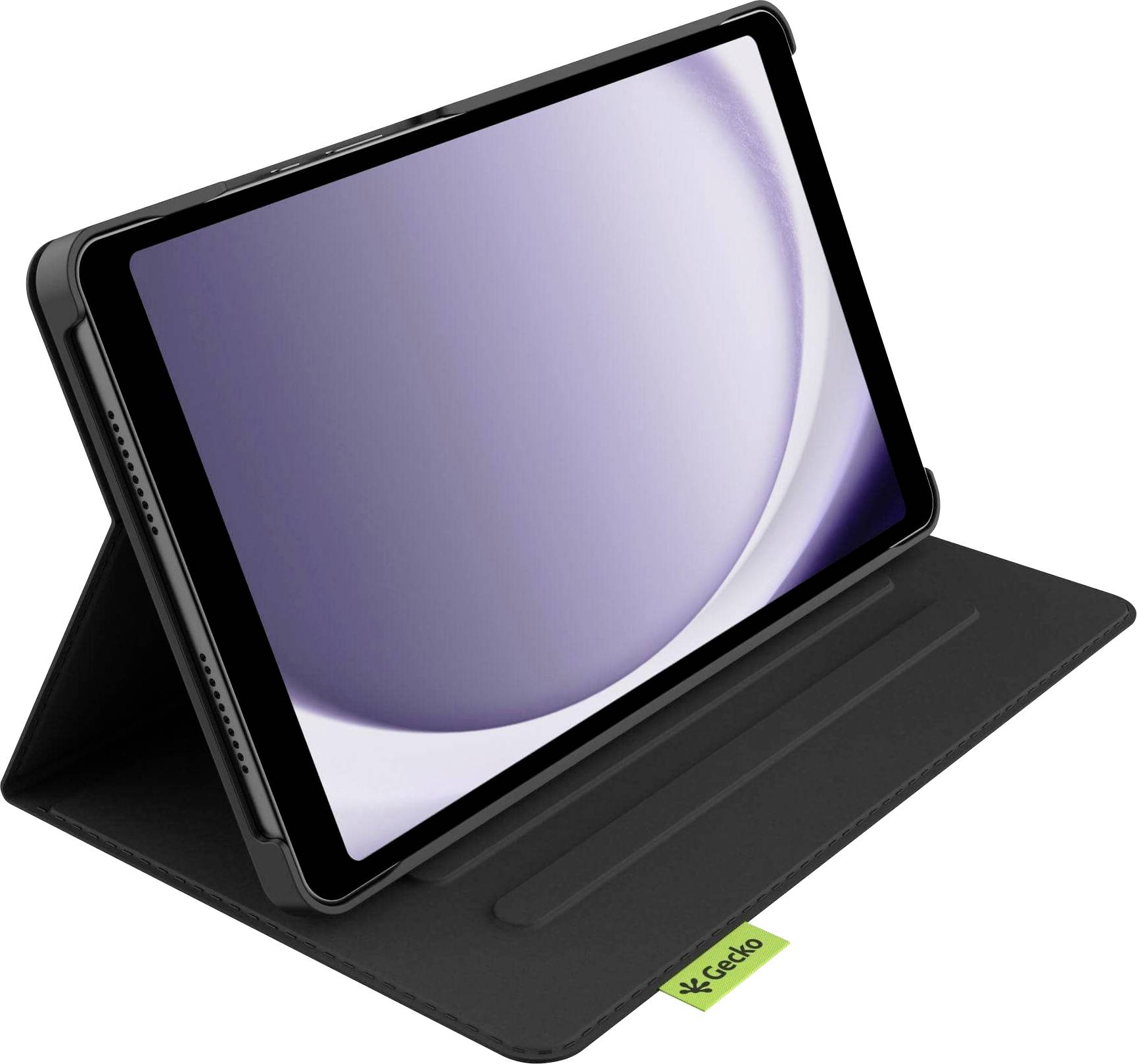 Tablet v černém skládacím pouzdře, otevřeném, s prázdnou obrazovkou. Na pouzdře je malý zelený štítek s logem.