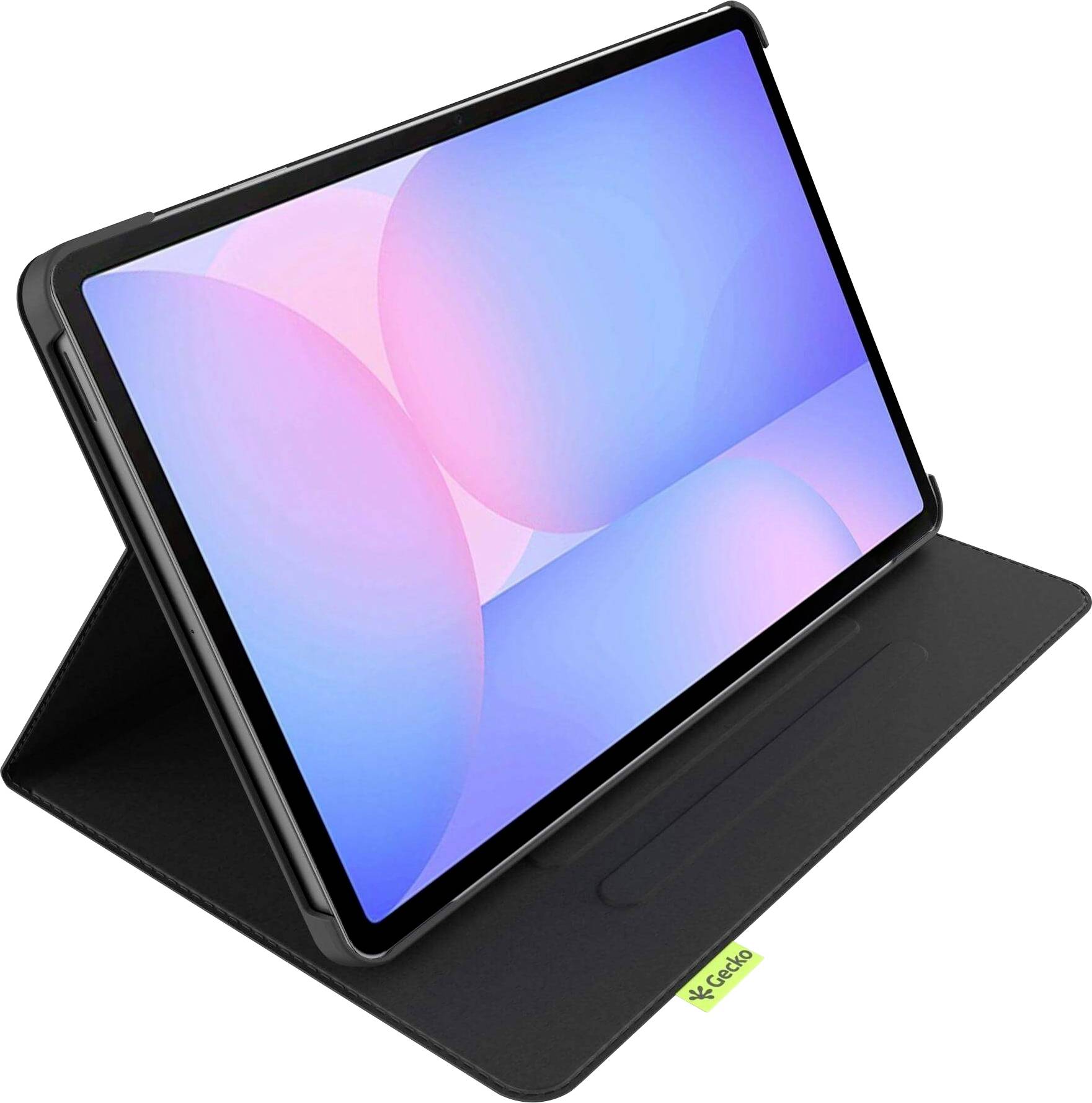 Černý tablet s barevnou abstraktní obrazovkou v růžových a modrých tónech je zobrazen v černém skládacím stojanu, umístěný na bílém pozadí.
