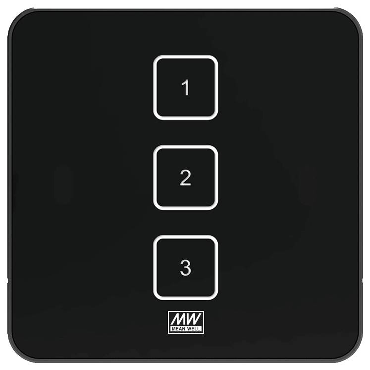 Čtvercový panel tlačítek se třemi svisle zarovnanými tlačítky označenými „1", „2", „3". Logo značky Mean Well je umístěno ve spodní části.