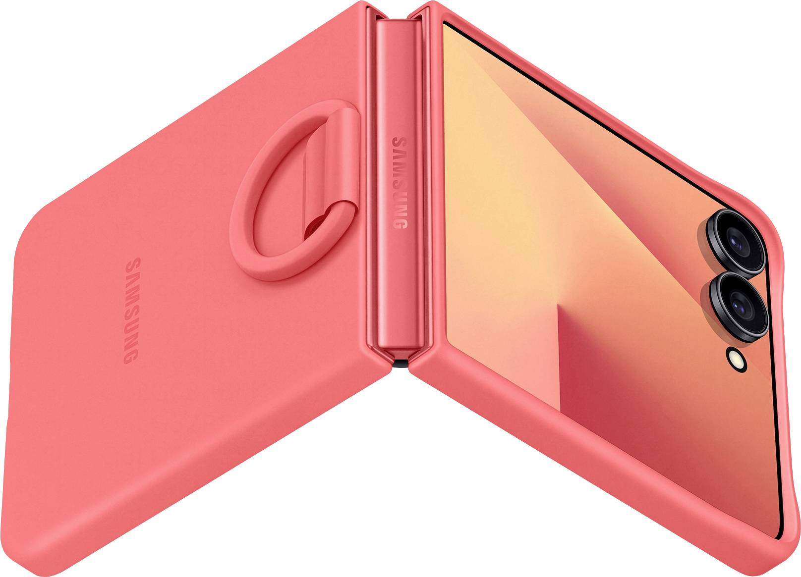 Červený skládací smartphone s duálním zadním fotoaparátem a smyčkou na pantu, který zdůrazňuje jeho flexibilní design a moderní estetiku.