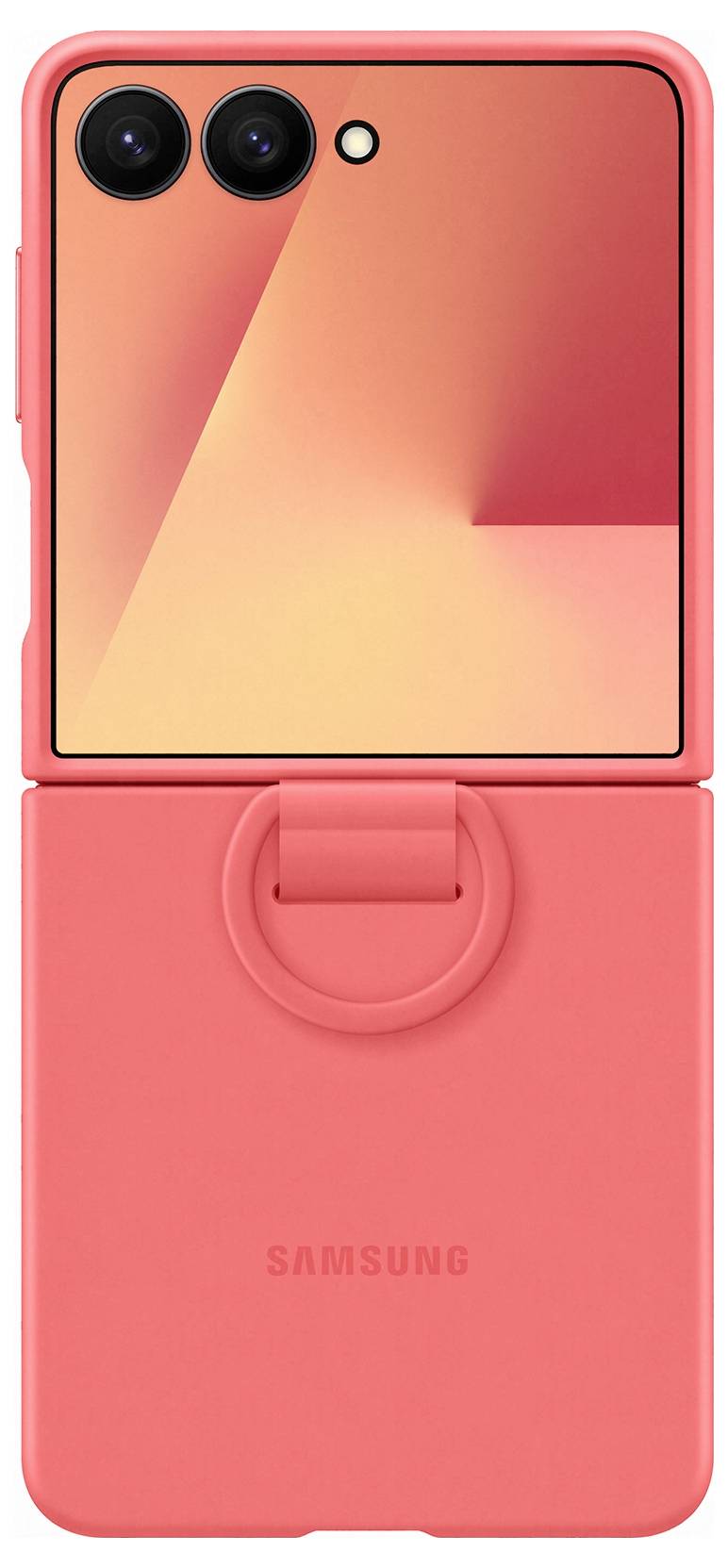 Červený skládací smartphone částečně složený, zobrazující obrazovku s geometrickým oranžovým a červeným designem; název značky je viditelný na pouzdře.