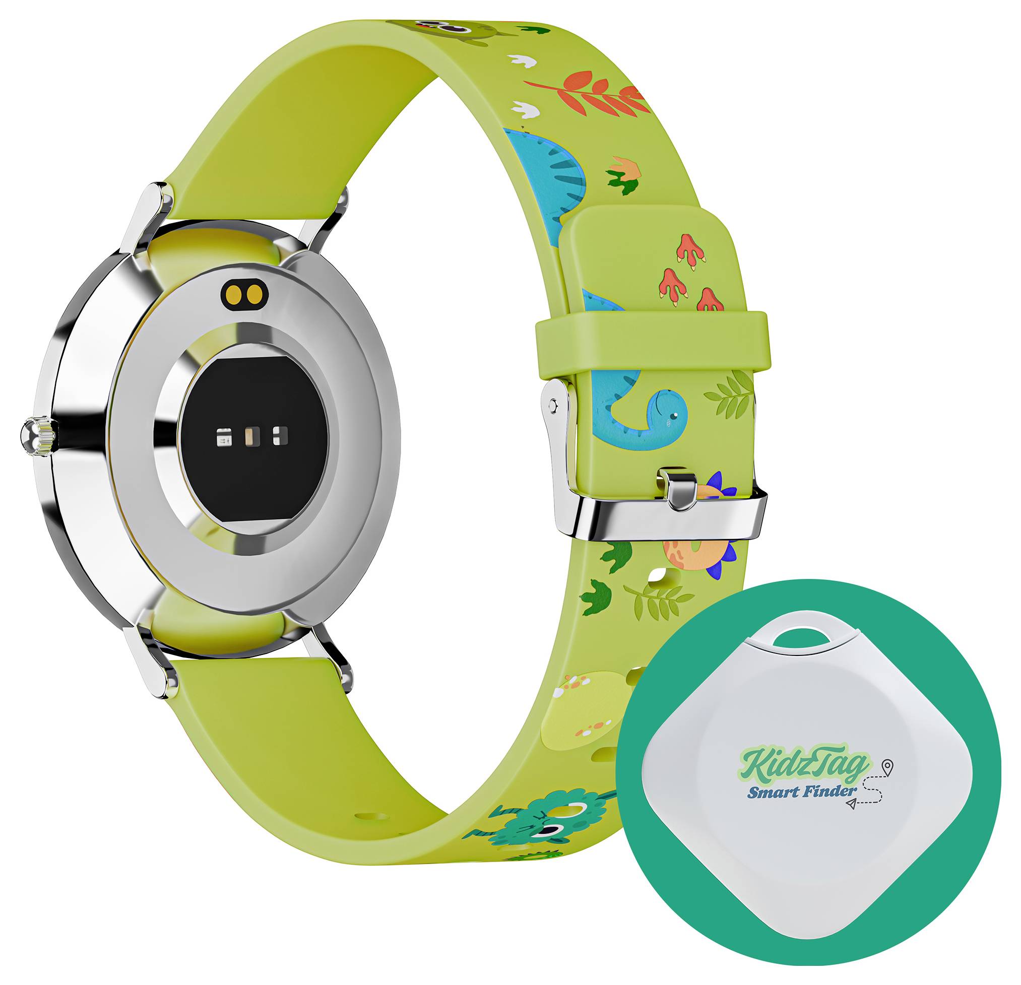 Zelené chytré hodinky s náramkem vedle čtvercového bílého zařízení KidTag Smart Finder. Hodinky mají hravý motiv dinosaura.