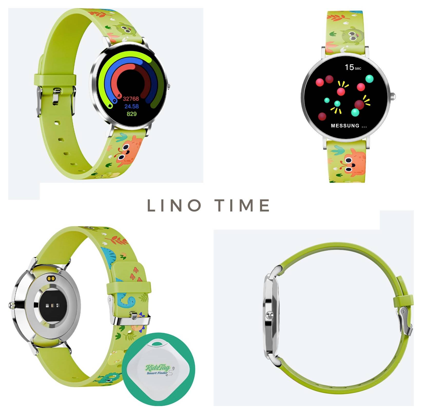 Chytré hodinky 'Lino Time' s barevnými řemínky, které nabízejí sledování fitness přímo na předním displeji. Několik pohledů ukazuje design a funkce hodinek.