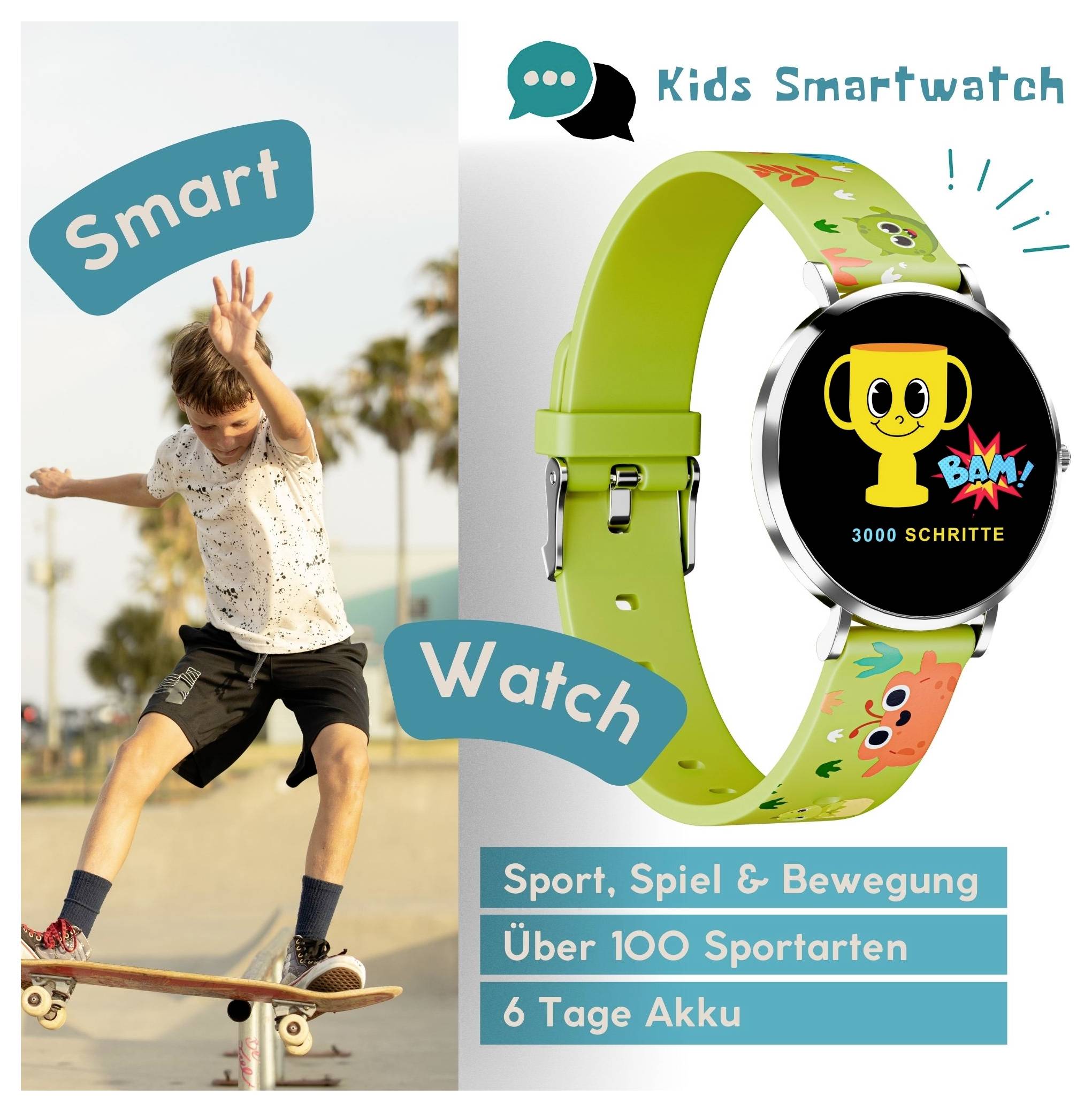 Dětské chytré hodinky se zeleným páskem ukazují '3000 kroků'. Text: 'Sport, hra & pohyb, Přes 100 sportů, Výdrž baterie 6 dní'. Skateboardista v pozadí.