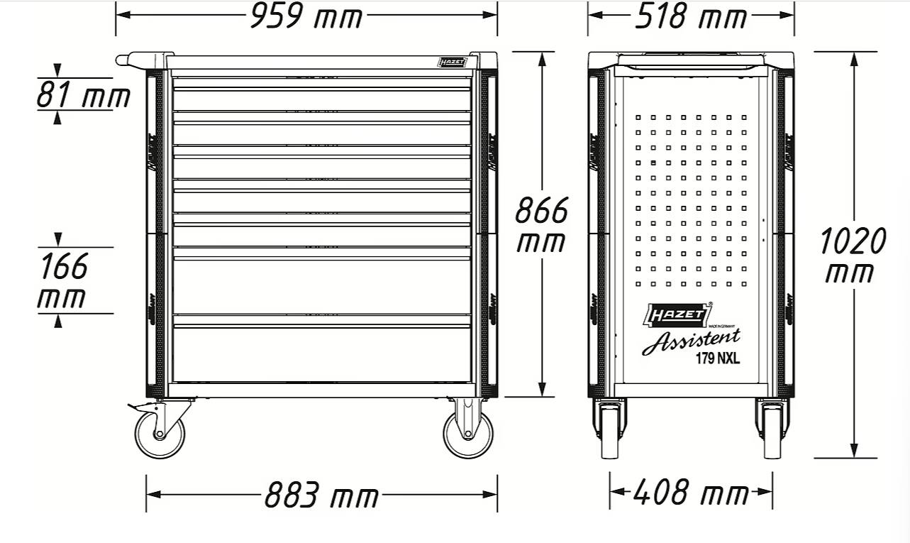 Technický výkres montážní skříně s rozměry: šířka 959 mm, hloubka 518 mm, výška 866 mm, spodní výška 166 mm. Štítek uvádí 'Assistent 179 NXL'.