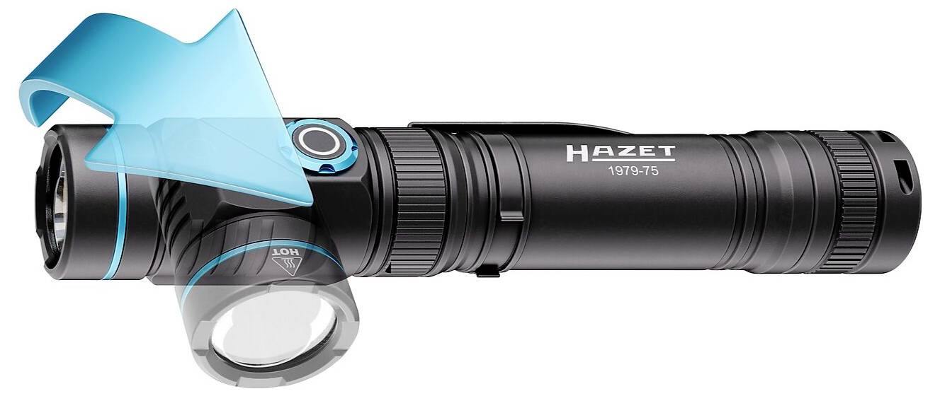 Černá svítilna s rotační hlavou, navržená společností Hazet. Šipka ukazuje rotační mechanismus a zdůrazňuje nastavitelné zaostření.