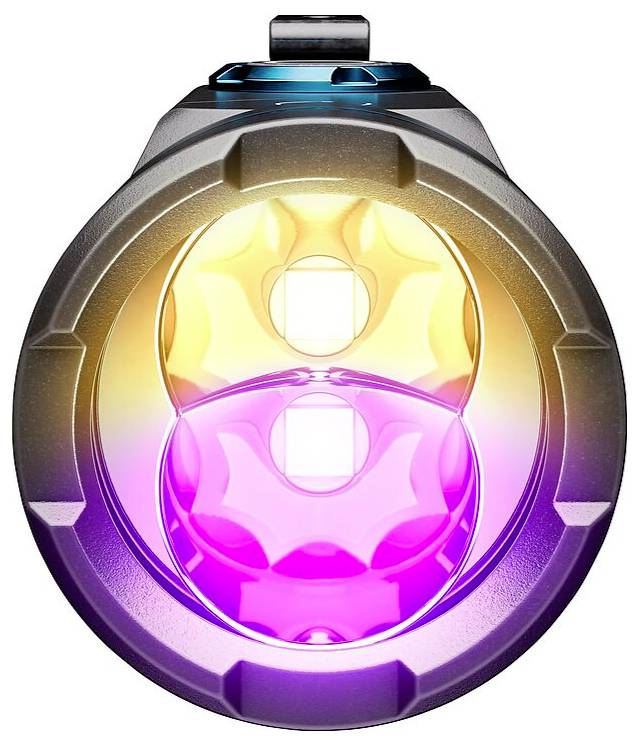 Barevný reflektor svítilny vyzařující jasně žluté a růžové světlo, pohled zepředu, který ukazuje hladký, symetrický design.