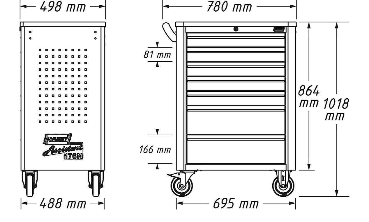 'Rozměry nástrojové skříně: 498 mm šířka, 695 mm hloubka, 864 mm výška. Vybavena několika zásuvkami a kolečky pro snadnou manipulaci.'