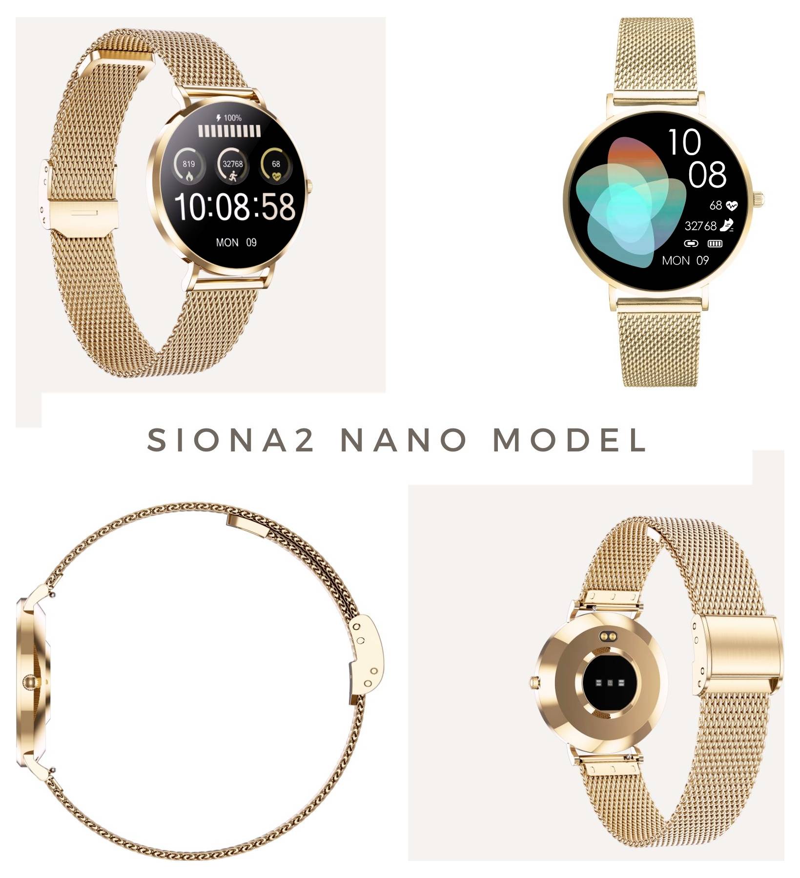 Chytré hodinky Siona2 Nano Model ve čtyřech pohledech: ciferník s časem, barevný displej, boční pohled se zlatým řemínkem, zadní strana.