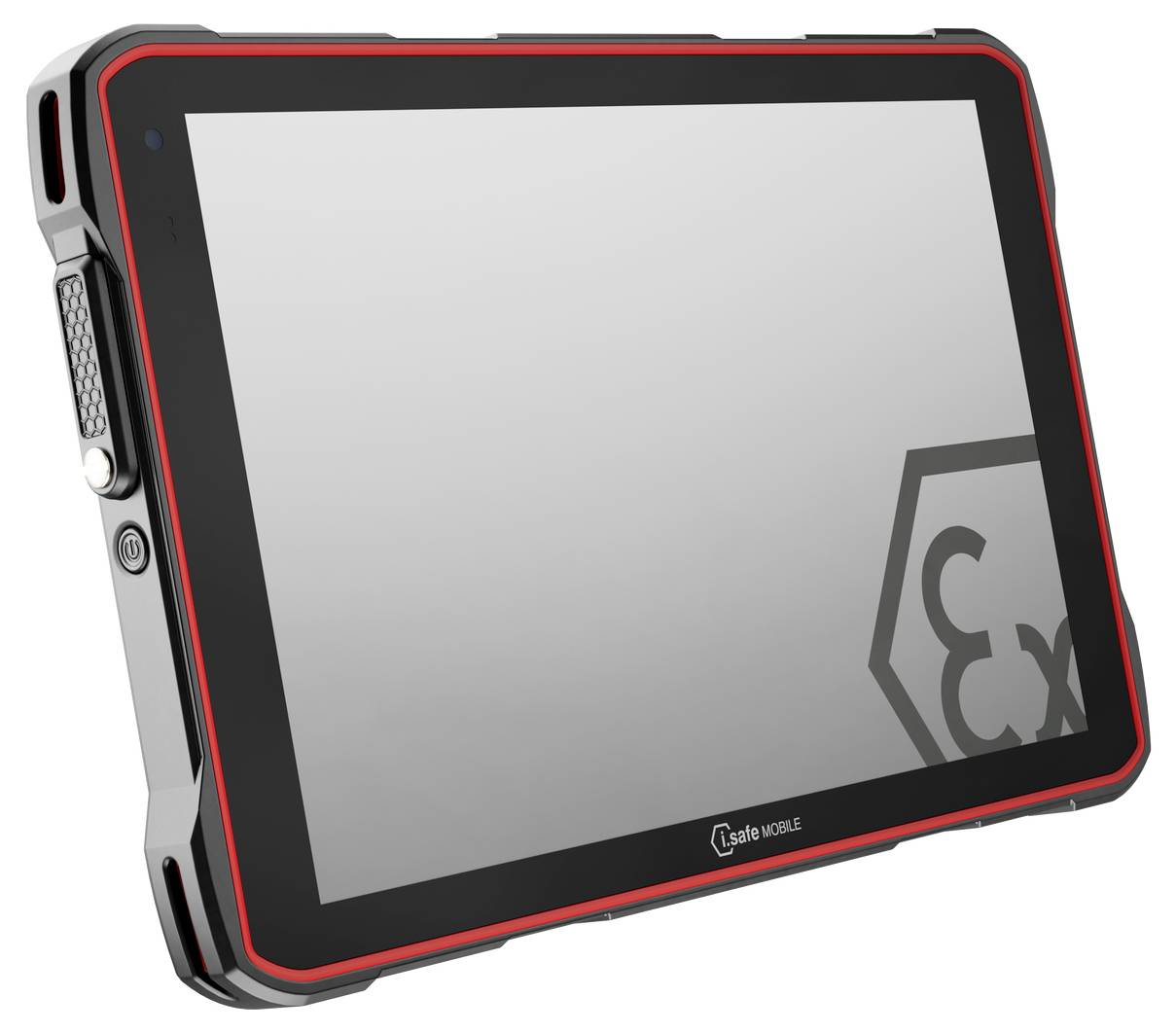 „Odolný tablet s robustním designem, červenými akcenty a certifikačním logem na obrazovce, vhodný pro průmyslové nebo nebezpečné prostředí."