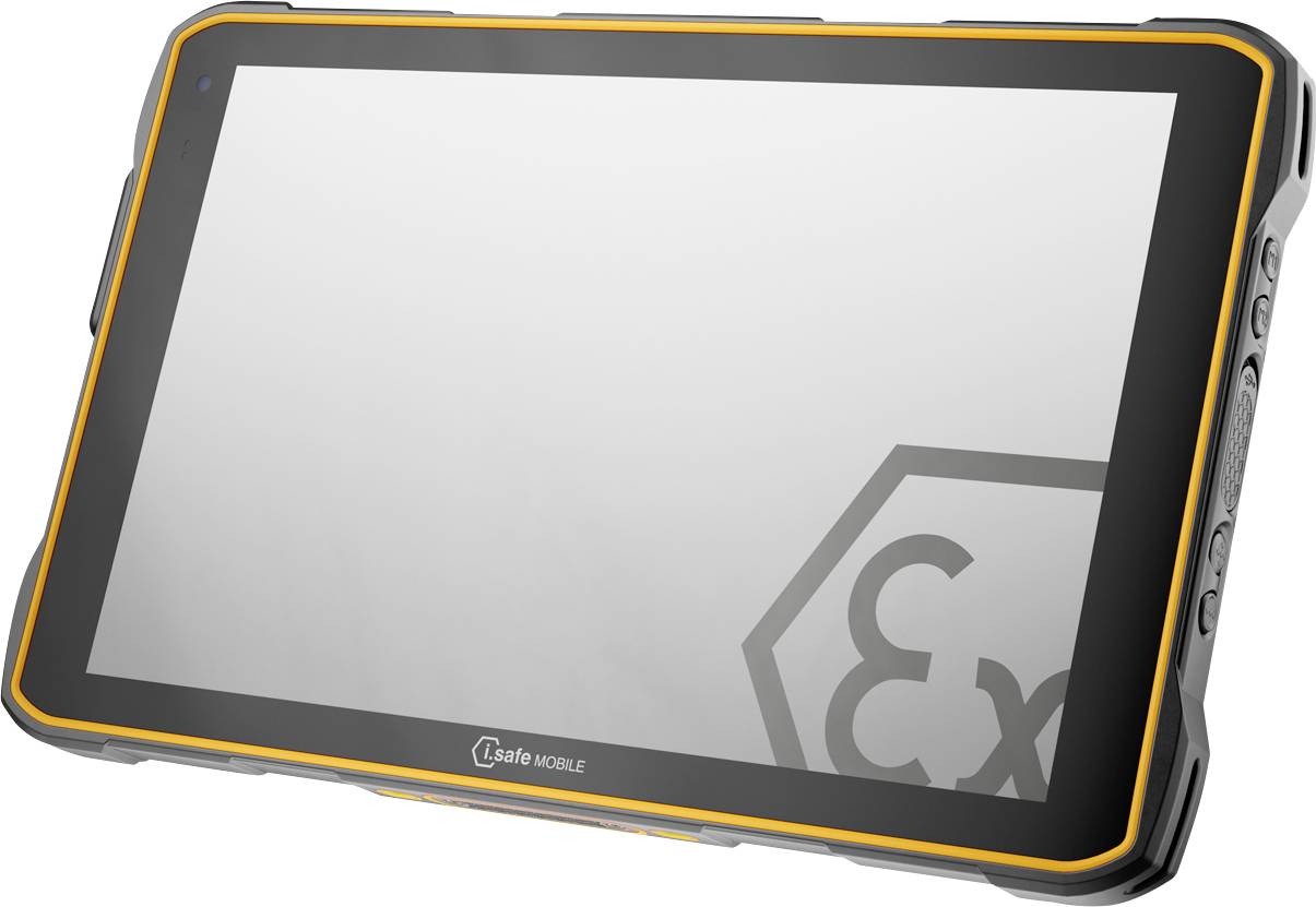 Odolný tablet s obrazovkou lemovanou oranžovou barvou, zobrazující symbol 'Ex', který označuje vhodnost pro prostředí s nebezpečím výbuchu.