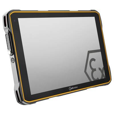 Tablet s robustním designem s obrazovkou s oranžovým lemováním a černým rámečkem, označený štítkem 'i.safe MOBILE', vhodný pro průmyslové použití.