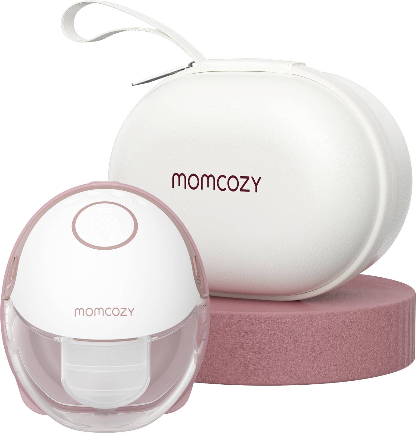 Odsávací set pro prsy se dvěma zařízeními a bílým přepravním pouzdrem, značky 'Momcozy', navržený pro pohodlné a nenápadné odsávání mléka.
