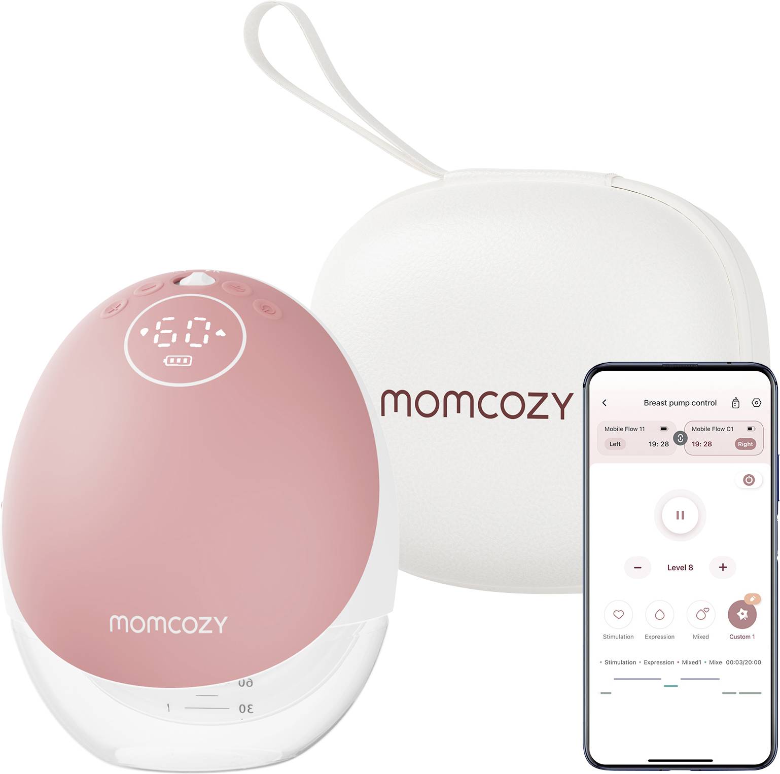 Růžovo-bílá laktační pumpa Momcozy s kompaktním designem, zobrazená vedle své přenosné tašky a smartphonu se zobrazením ovládací aplikace pumpy.