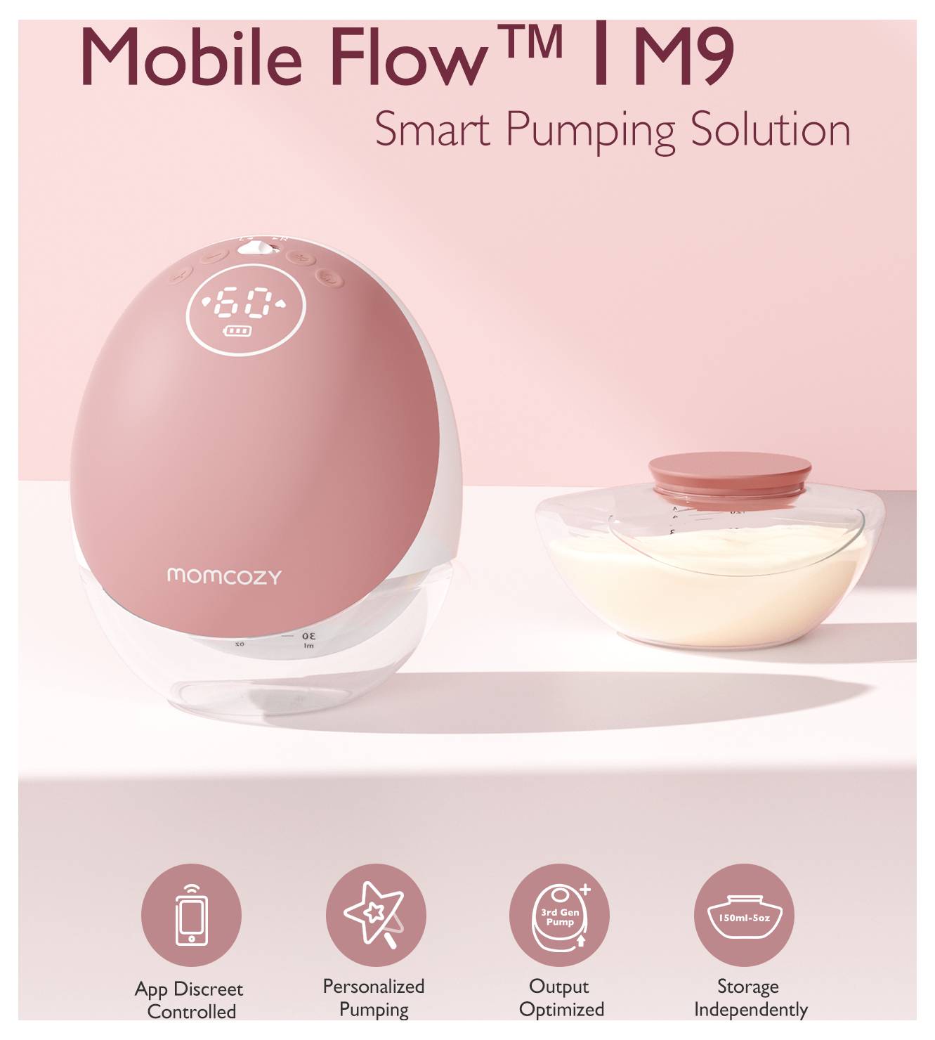 Obrázek 'Mobilní řešení sání M9 Smart' ukazuje růžovo-bílou odsávačku mléka s označením 'momcozy' a nádobku na mléko, s ikonami zvýrazňujícími funkce: ovládání pomocí aplikace, přizpůsobení, tichý provoz a nezávislé použití.