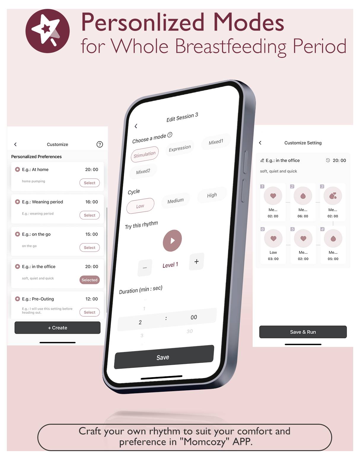 Aplikace 'Momcozy' zobrazující předvolby a nastavení pro kojení na obrazovce smartphonu. Zobrazeny možnosti přizpůsobení pro větší pohodlí.