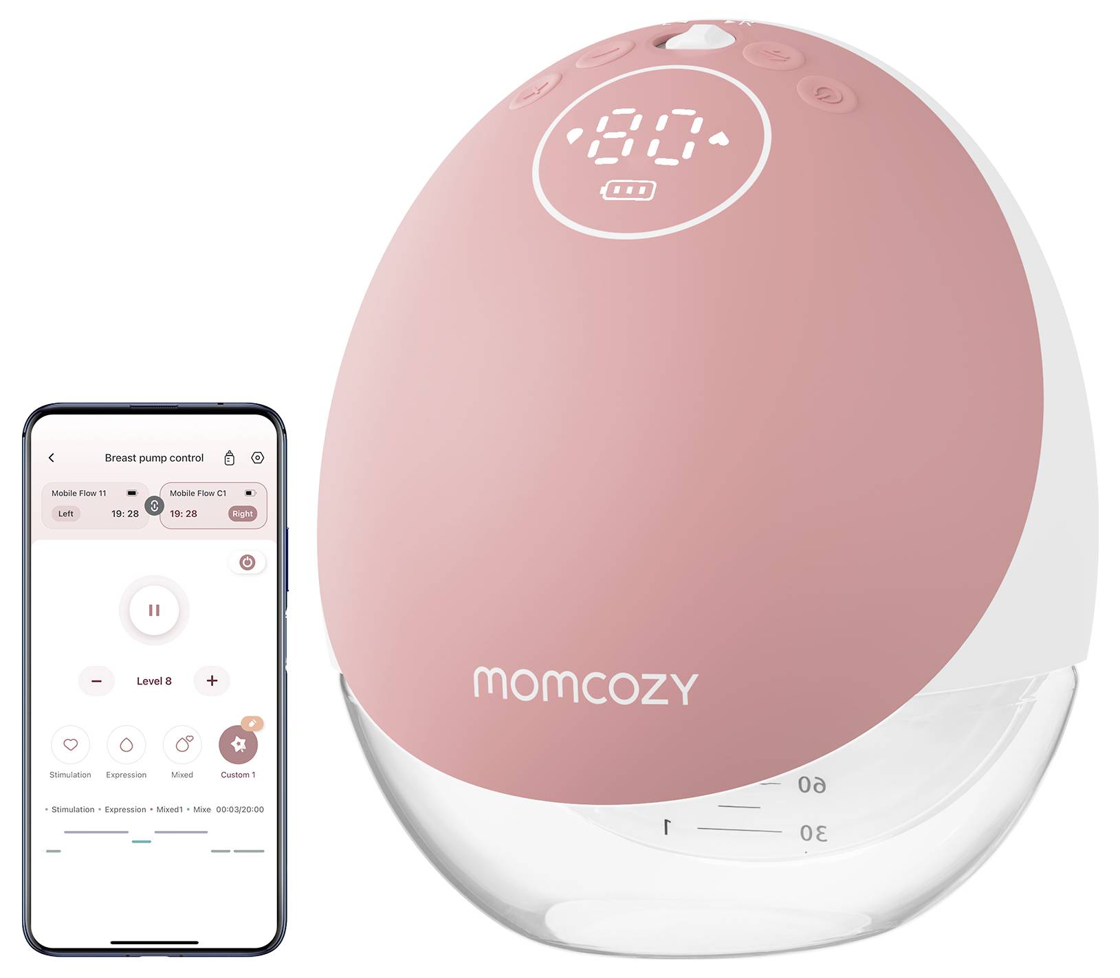 Vedle obrazovky mobilního telefonu zobrazující ovládací rozhraní je zobrazen elektrický odsávací přístroj v růžovo-bílé barvě s označením 'momcozy'.