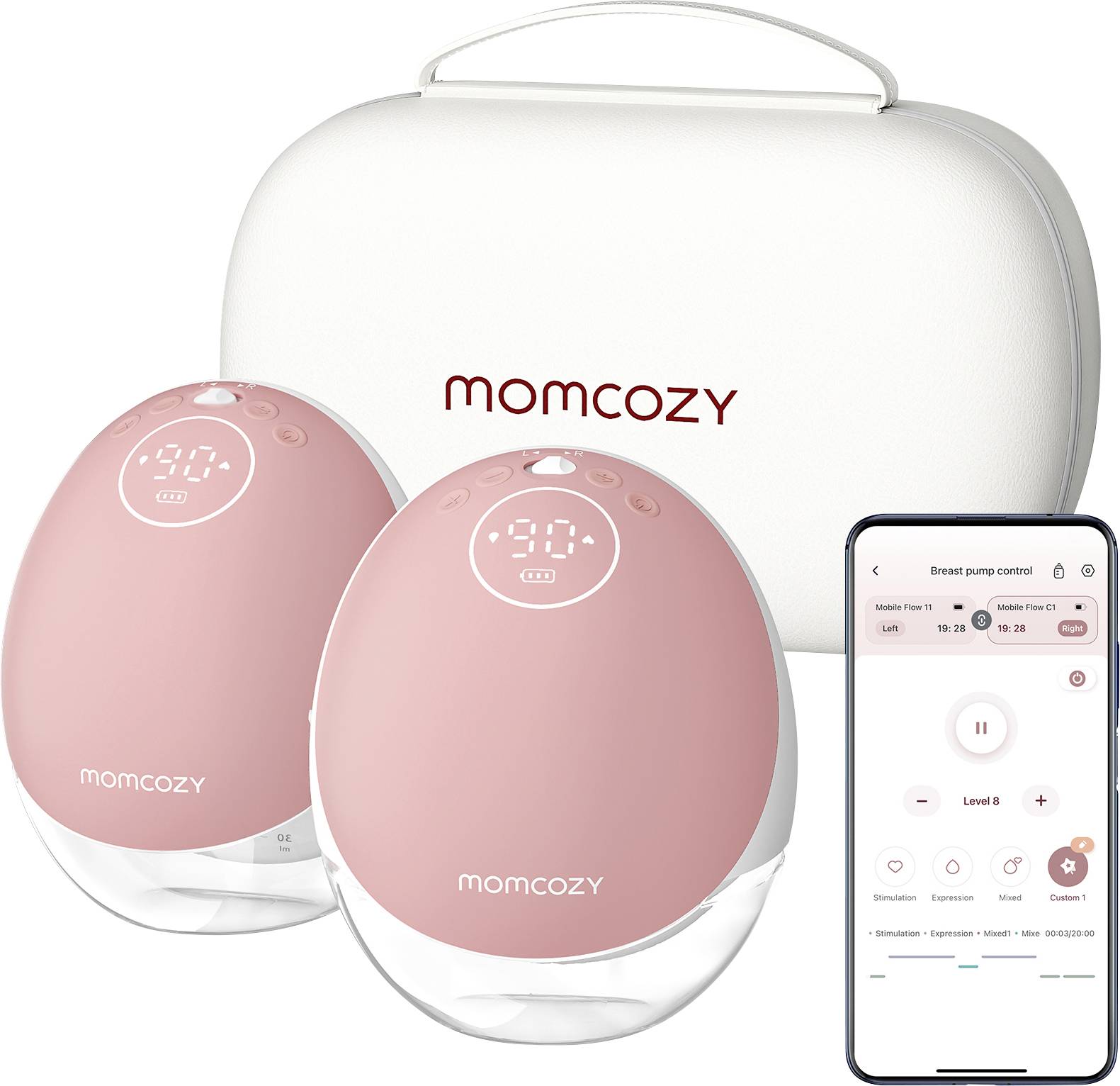Sada odsávaček mateřského mléka 'Momcozy' se dvěma zařízeními, transportním pouzdrem a smartphonem zobrazujícím ovládací rozhraní aplikace.