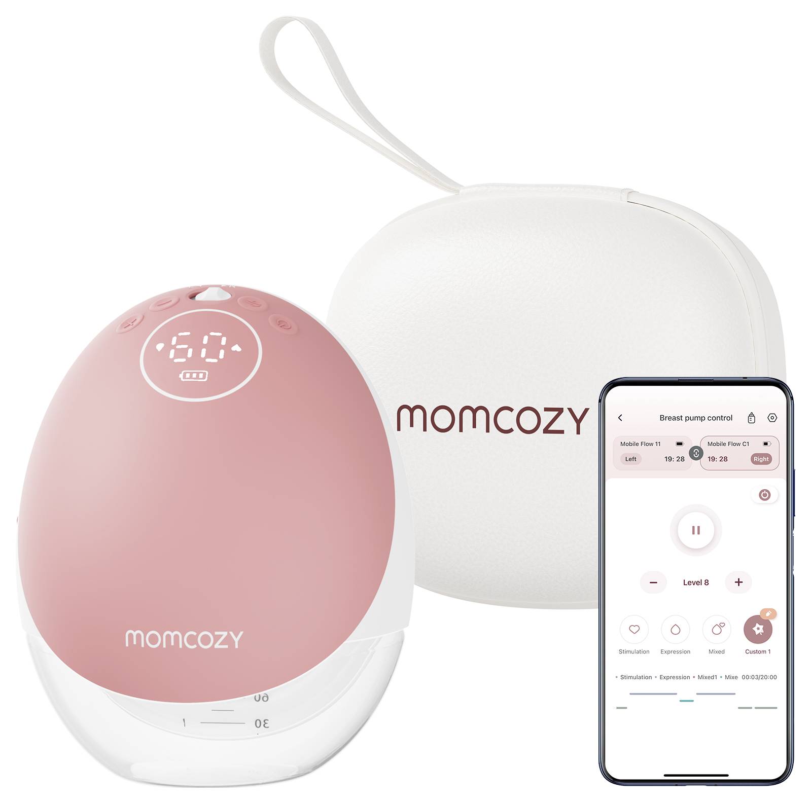 Růžovo-bílá přenosná elektrická odsávačka mateřského mléka s přepravním pouzdrem a smartphonem zobrazujícím aplikaci 'momcozy' pro ovládání odsávačky.